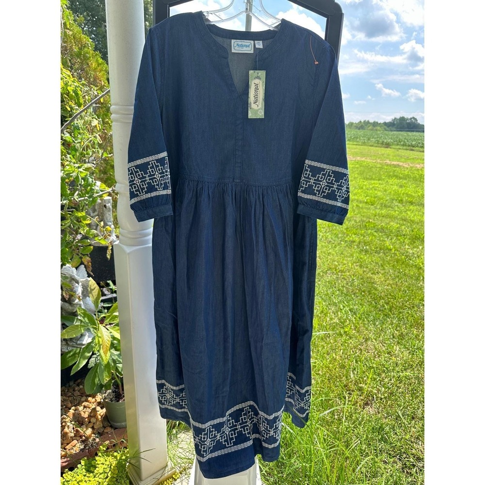 National Women Blue Chambray Embroidered Maxi Dress Petite Medium PM Boho Pocket